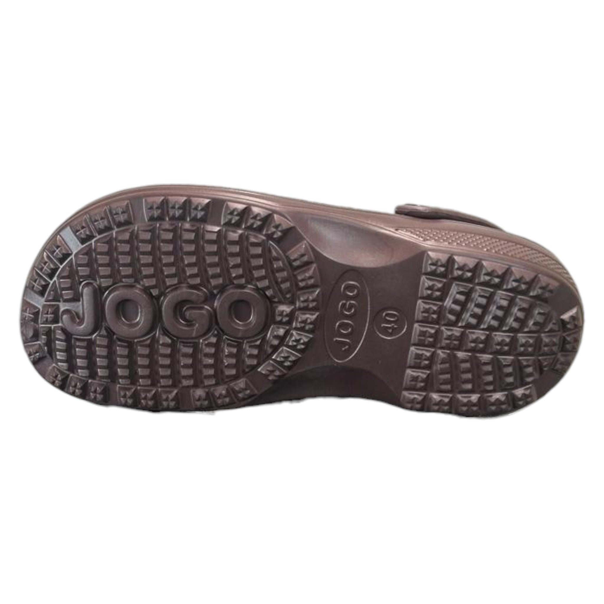Mens dark brown Jogo clogs with breathable ventilation holes and adjustable heel strap – lightweight unisex slip-on garden shoes
